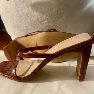 Croc-Embossed Brown Strappy Heeled Mules